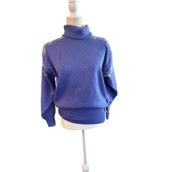 Vintage MEISTER Turtleneck Sweater Wool Blend Periwinkle blue white details Sz M - Picture 2 of 6